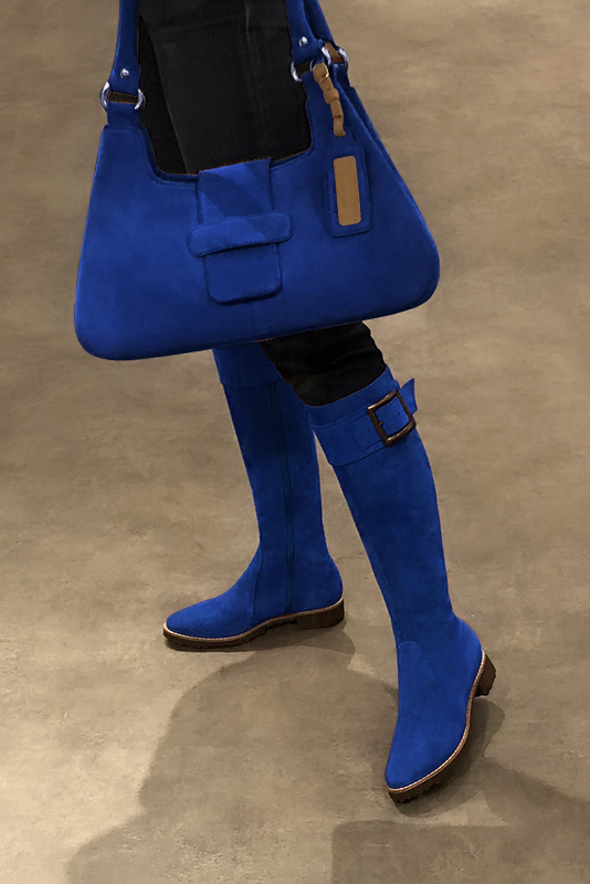 Electric blue women's riding knee-high boots. Round toe. Flat rubber soles. Made to measure. Worn view - Florence KOOIJMAN